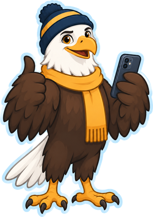 The Eagle Point eagle holding a phone and giving a thumbs up