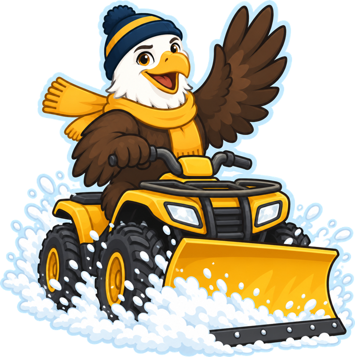 The Eagle Point eagle plowing snow on a yellow ATV