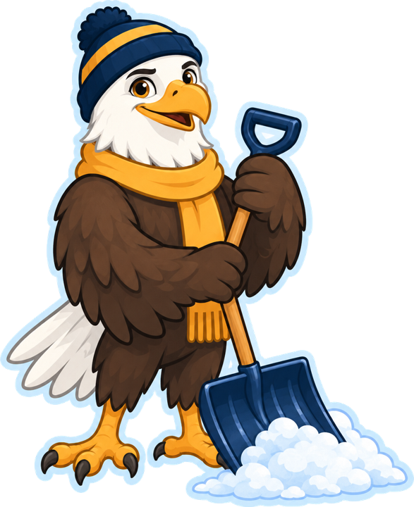 The Eagle Point eagle holding a snow shovel