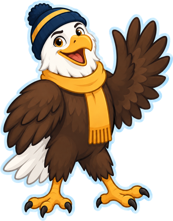 Eagle Point mascot, an eagle in a beanie and scarf waving hello